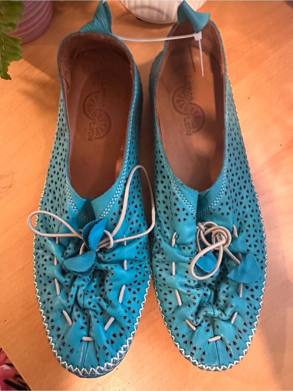 L'Artiste Turquoise Perforated Leather Moccasins with Decorative Lacing